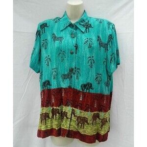 Vintage Karin Stevens Womens 14 Button Down Shirt Palm Trees, Elephants & Zebras